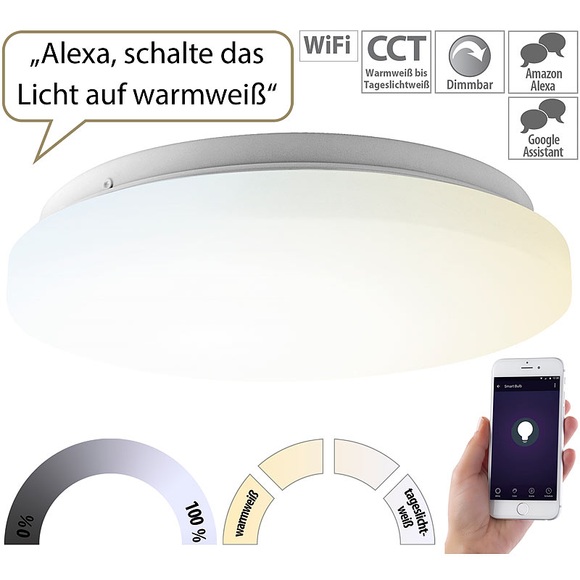 Luminea Home Control WLAN-LED-Deckenleuchte für Amazon Alexa & Google Assistant, CCT, 24 W