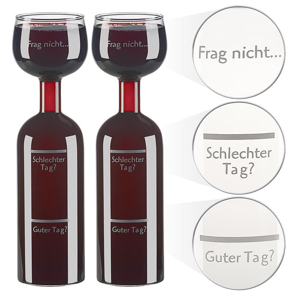 Rosenstein & Söhne 2er-Set 2in1-Weinflaschen & XXL-Gläser, Echtglas, mit Aufdruck, 750 ml