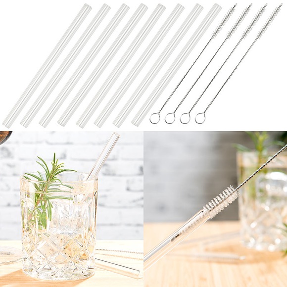 Rosenstein & Söhne 12-tlg. Set Trinkhalme aus Borosilikat-Glas mit Bürsten, 8 x 150 mm