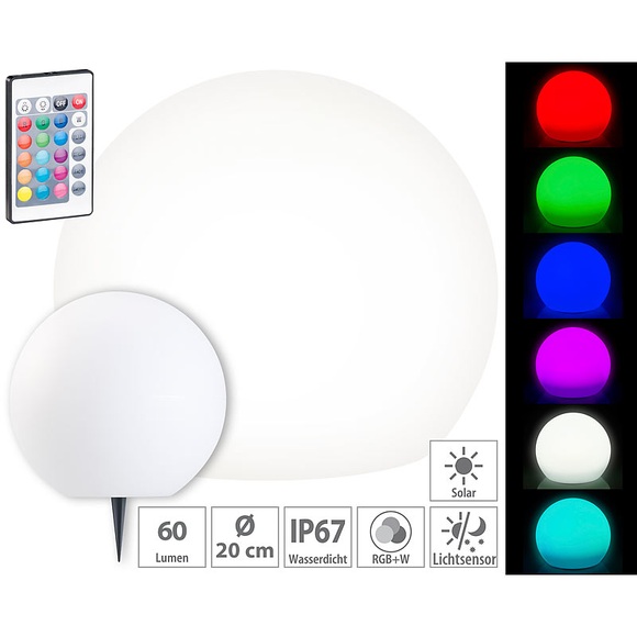 Lunartec Solar-LED-Leuchtkugel mit Fernbedienung, RGBW, 60 Lumen, IP67, Ø 20 cm