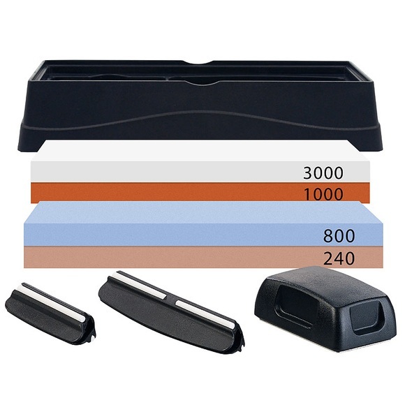 Rosenstein & Söhne Schleifstein-Zubehör-Set mit Halter, Winkelhilfen, Glätter, 2 Steinen