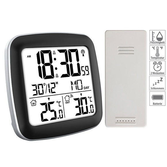 infactory Digitaler Funkwecker mit Dual-Alarm, Thermometer, Aussensensor, Datum