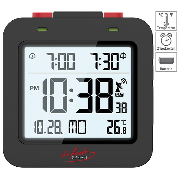 infactory Digitaler Reise-Funkwecker mit Thermometer, Datum, Dual-Alarm, schwarz