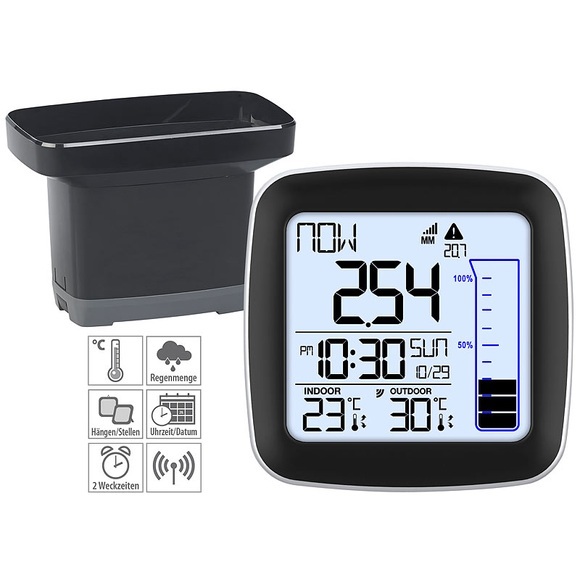 infactory Digitale Funk-Wetterstation mit Aussensensor, Regenmesser & Funkwecker