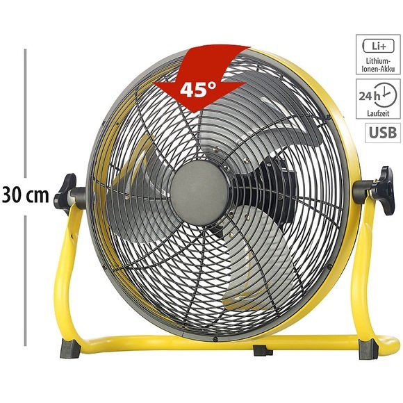 Sichler Haushaltsgeräte Akku-Vollmetall-Bodenventilator, bis 1.200 U/Min., Ø 30 cm, 15.000 mAh