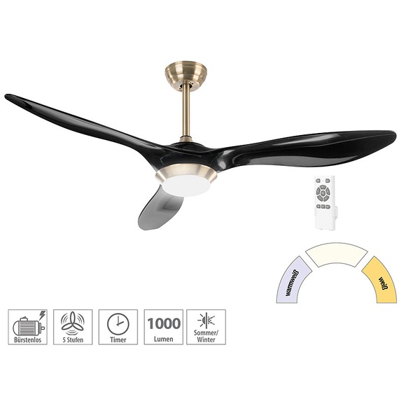 Sichler Haushaltsgeräte 2in1-Deckenventilator & LED-Lampe, 1000 lm, Timer, bürstenloser Motor