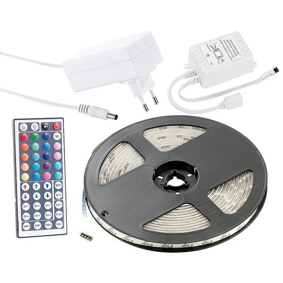 Lunartec RGB-LED-Streifen LC-500A mit Netzteil & Fernbedienung, 5 m, IP65