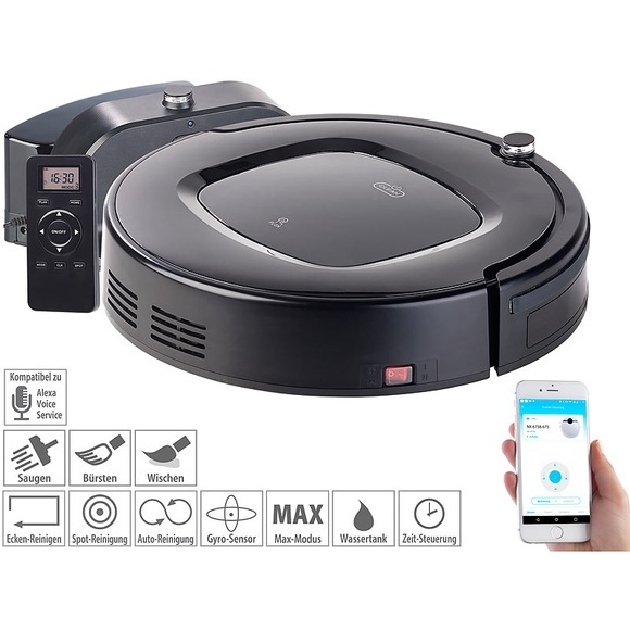 Sichler Haushaltsgeräte WLAN-Reinigungs-Roboter mit Wischfunktion & App, komp. zu Amazon Alexa