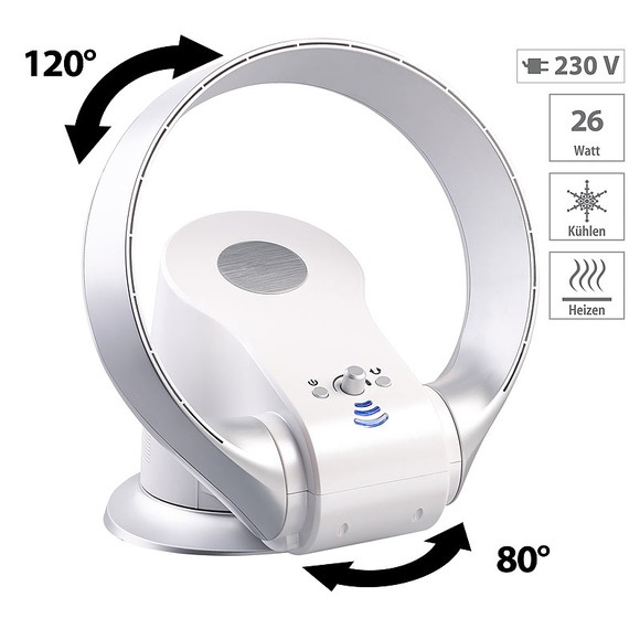Sichler Haushaltsgeräte Rotorloser 360°-Wand- und Tisch-Ventilator mit Oszillation, 26 Watt