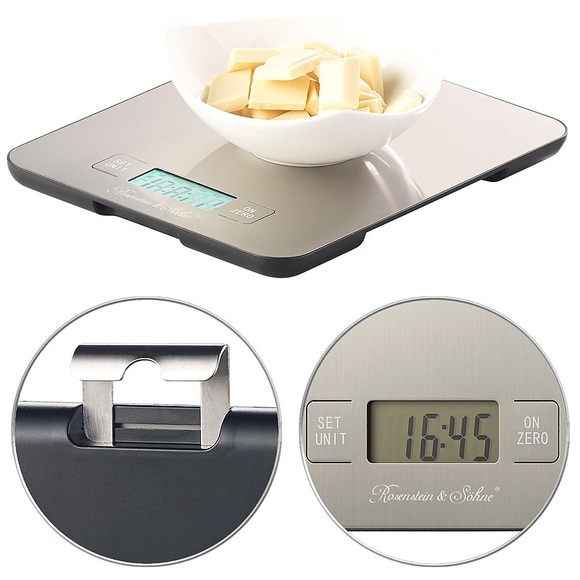 Rosenstein & Söhne Digitale Edelstahl-Küchenwaage mit Timer, bis 15 kg, auf 1 g genau