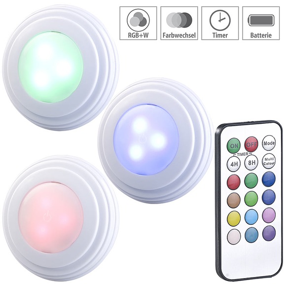 Lunartec 3er-Set RGB+W-LED-Unterbauleuchten, Fernbedienung, Timer, erweiterbar