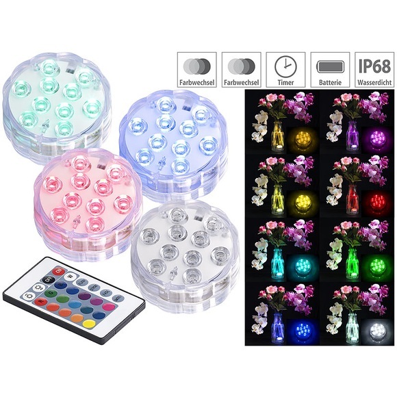 Lunartec 4er-Set RGB-LED-Unterwasserleuchten mit Fernbedienung, Timer, IP68