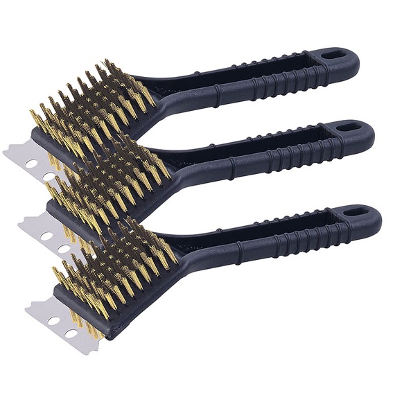 Pearl 3er-Set 2in1-Grill-Reinigungs-Bürsten, Messing, mit Edelstahl-Schaber
