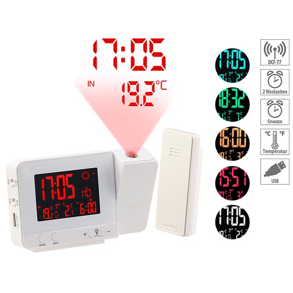 infactory Funk-Wetterstation mit Projektions-Wecker, Aussensensor und USB, weiss