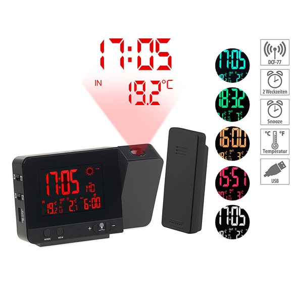 infactory Funk-Wetterstation mit Projektions-Wecker, Aussensensor & USB, schwarz