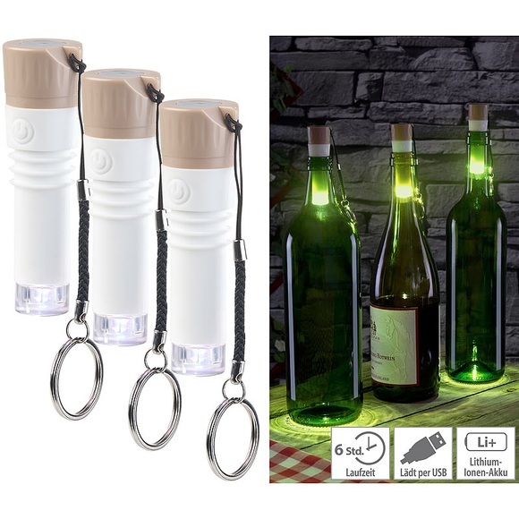 Lunartec 3er-Set LED-Weinflaschen-Lichter mit weissem Licht, per USB ladbar