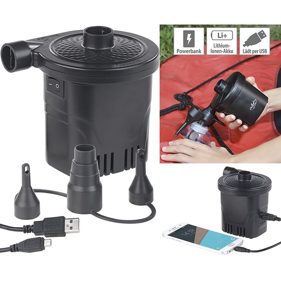 infactory 2in1-Akku-Luftpumpe mit Powerbank-Funktion & USB-Ladekabel, 250 l/Min