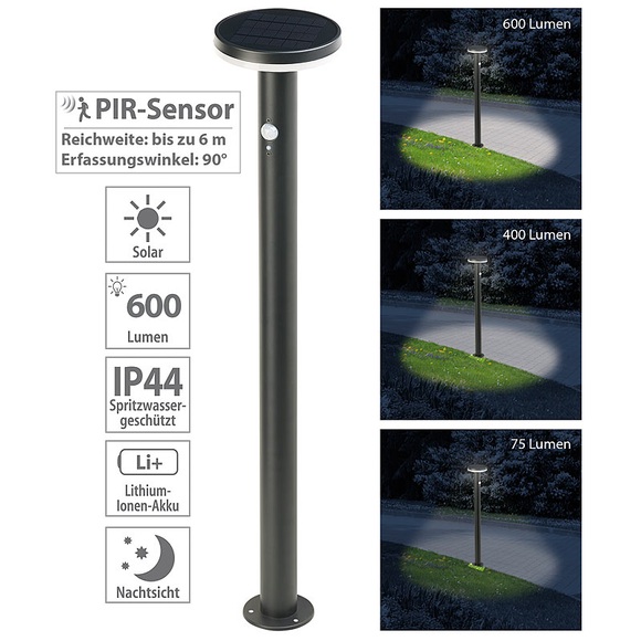 Lunartec Premium-LED-Solar-Wegeleuchte, PIR-Sensor, Nachtlicht, 600 Lumen