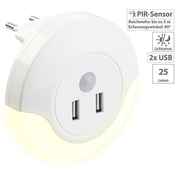 Luminea LED-Steckdosen-Nachtlicht mit PIR- und Lichtsensor, 2x USB (10 Watt)