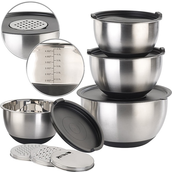11-teiliges Premium-Rührschüssel-Set mit 3 Reibeaufsätzen, Edelstahl / Schüssel