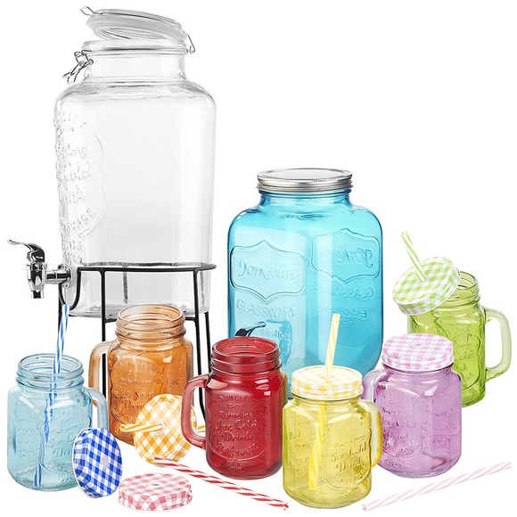 2er-Set Getränkespender mit 6 Gläsern, 4 l & 6,5 l, Einmachglas-Look