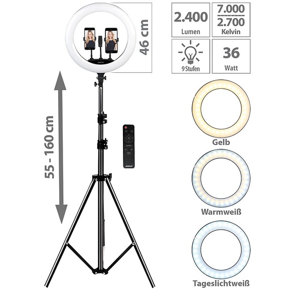 XL-LED-Ringlicht mit Smartphone-Halter, Ã? 46 cm, USB-Port, dimmbar / Ringlicht