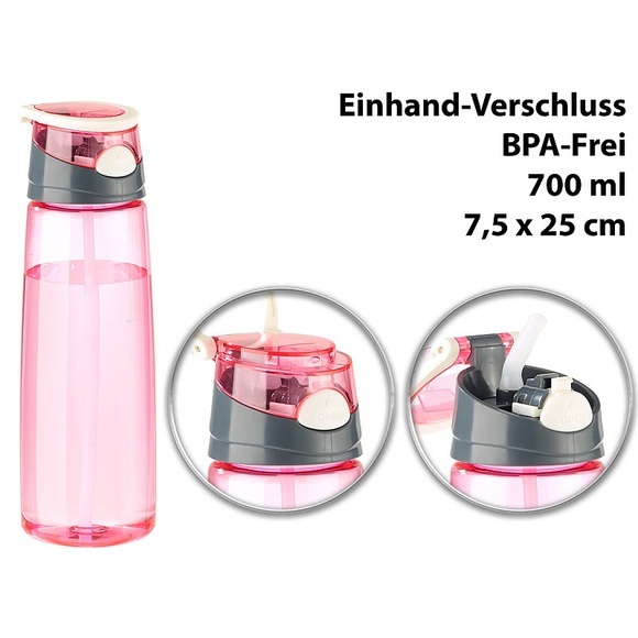 Pearl BPA-freie Kunststoff-Trinkflasche mit Einhand-Verschluss, 700 ml, pink