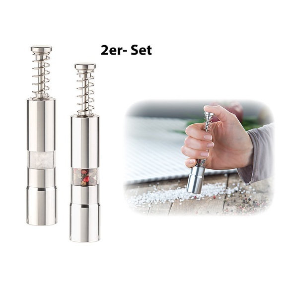 Rosenstein & Söhne 2er-Set manuelle Salz- & Pfeffer-Mühlen mit Druckknopf-Bedienung, Alu