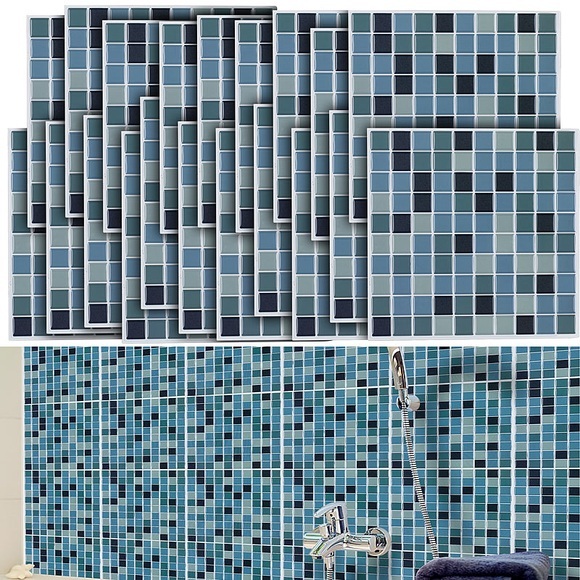 infactory Selbstklebende 3D-Mosaik-Fliesenaufkleber "Aqua", 26 x 26 cm, 15er-Set