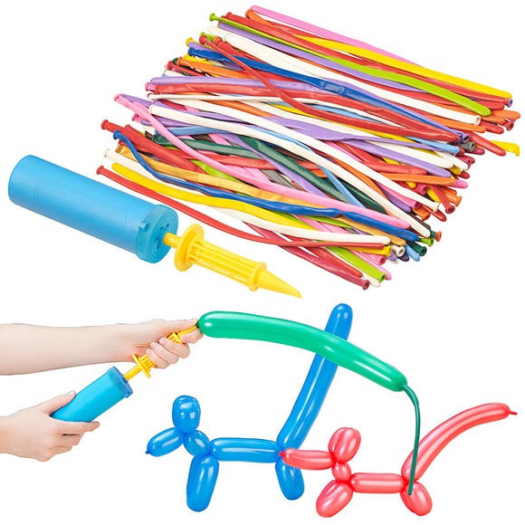 Pearl Effiziente Doppelhub-Luftballonpumpe mit 100 bunten Modellier-Ballons