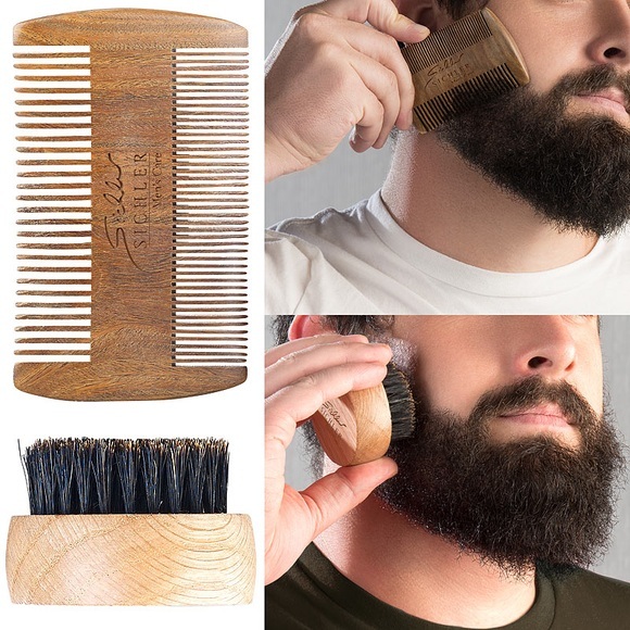 Sichler Men's Care Bartpflege-Set: 2-seitiger Holzkamm & Bartbürste (Wildschweinborsten)