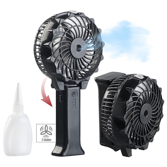 Pearl Klappbarer 2in1-Akku-Hand- & Tisch-Ventilator mit Nebler-Funktion, USB