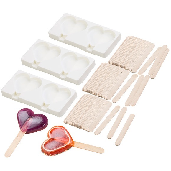Rosenstein & Söhne 3 Silikon-Formen für 6 Herz-Eis am Stiel, je 80 ml, 72 Holzstiele