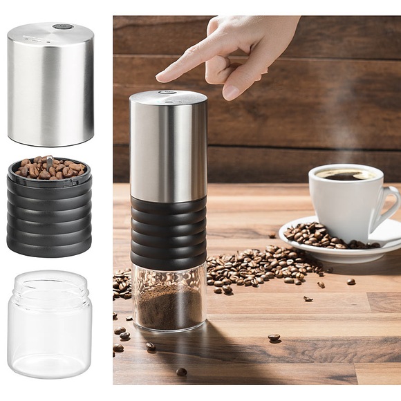 Rosenstein & Söhne Elektrische Akku-Kaffeemühle mit Keramik-Mahlwerk, USB Ladebuchse