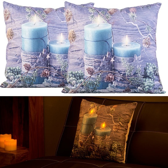 infactory 2er-Set Deko-Kissen, Kerzen-Motiv, 2 LEDs, batteriebetrieben, 45x45 cm