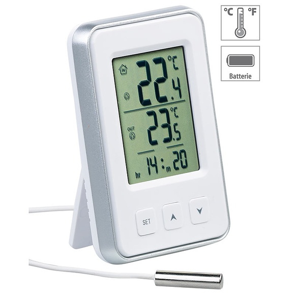 Pearl Digitales Innen- und Aussen-Thermometer mit Uhrzeit und LCD-Display
