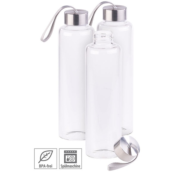 Pearl 3er Set Trinkflasche aus Borosilikat-Glas, 550 ml, BPA-frei