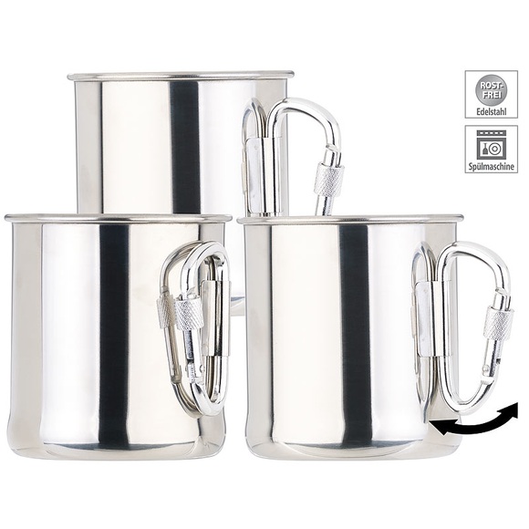 Semptec Urban Survival Technology 3er-Set leichte Edelstahl-Becher, klappbarer Karabiner-Henkel, 250 ml