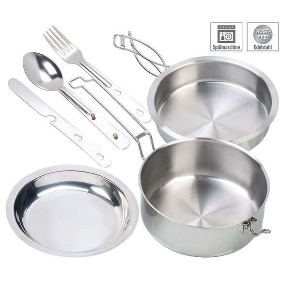 Semptec Urban Survival Technology 6-teiliges Edelstahl-Camping-Kochgeschirr-Set mit Besteck