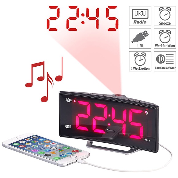 auvisio Projektions-Radiowecker mit Curved-Display, Dual-Alarm & USB-Ladeport