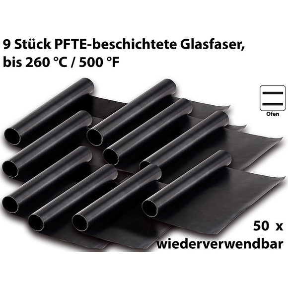 Rosenstein & Söhne Dauer-BBQ-Grillmatte & Antihaft-Bratfolie aus Glasfaser, 9 Stück