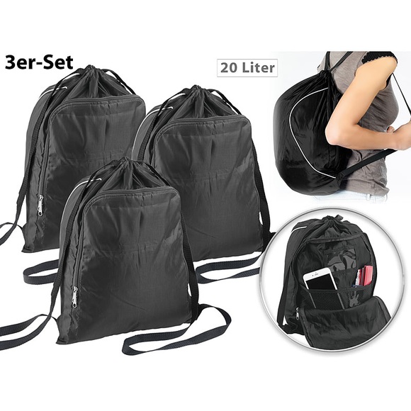 Semptec Urban Survival Technology 3er-Set 2in1-Turnbeutel-Rucksäcke, aufklappbares Organizer-Fach, 20 l