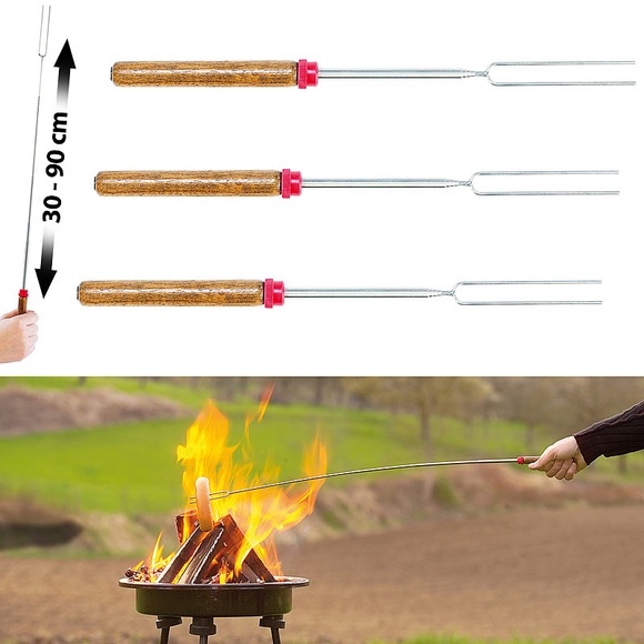 infactory 2in1-Teleskop-Grillgabel & Grill-Spiess, 30 auf 90cm, 3er-Set