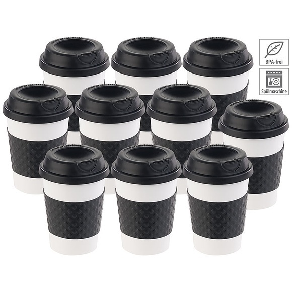 Pearl 10er-Set Coffee-to-go-Becher, Deckel, 350 ml, doppelwandig, BPA-frei