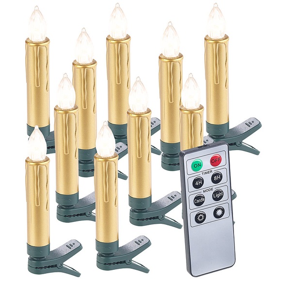 Lunartec 10er-Set LED-Weihnachtsbaum-Kerzen mit Fernbedienung und Timer, gold