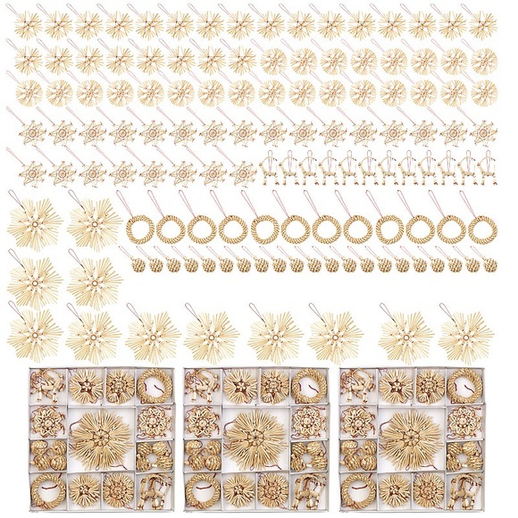 infactory 132-teiliges Strohschmuck-Set für den Weihnachtsbaum, 7 Formen