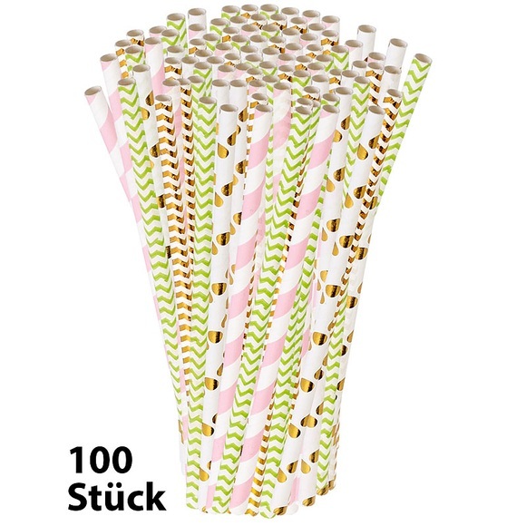 Pearl 100 Papier-Trinkhalme mit 4 Farben und Motiven, 197 x 6 mm