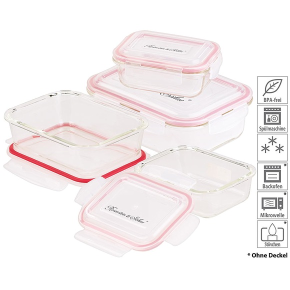 Rosenstein & Söhne 5in1 Glas XL-Frischhaltedosen-Set, 8-tlg, Clip-Deckel, -40 bis +400 C°