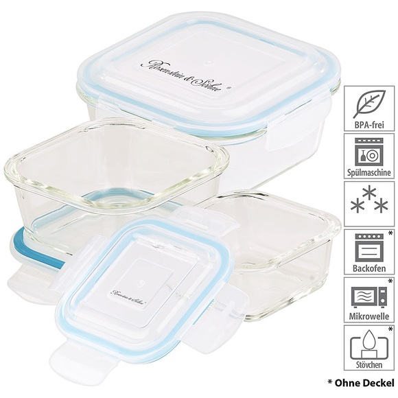Rosenstein & Söhne 5in1-Glas-Frischhaltedosen-Set, 6-tlg., Clip-Deckel, -40 bis +400 C°