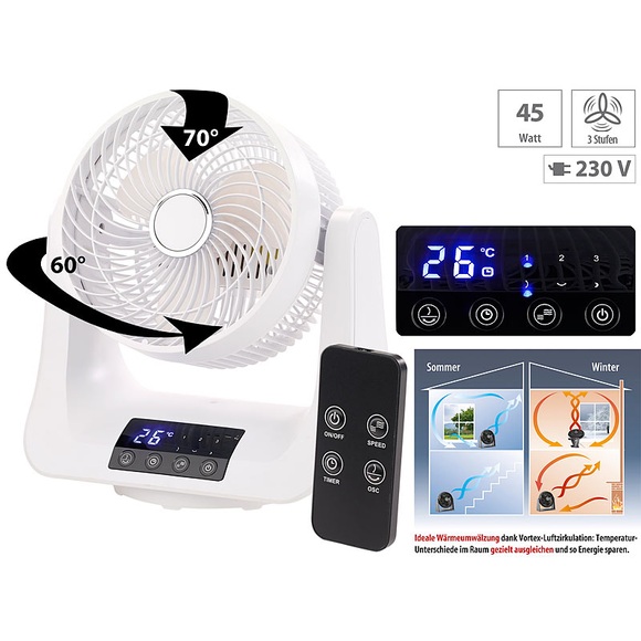 Sichler Haushaltsgeräte Digitaler 3D-Robo-Raumventilator & Luftzirkulator, 45 Watt, Ø 21 cm
